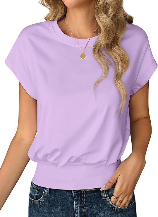 Remidoo Women Batwing Sleeve Crop Top Tee Casual Banded Bottom Cropped T Shirt Tops White Purple Large
