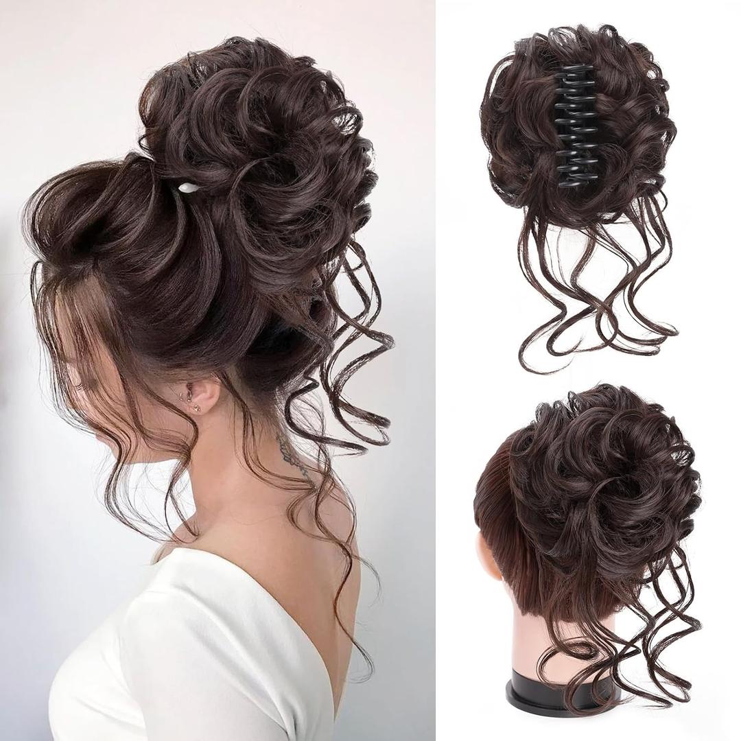 Claw Clip Messy Bun Hair Pieces for Updos Wavy Curly Bun Extensions Tousled Updo Messy Bun Hair Piece (Dark Brown)