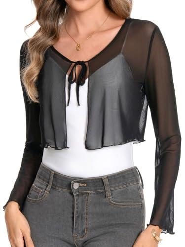 Women's Mesh Shrug Tie Front Cropped Bolero Cardigan Long Sleeve Top Sheer Shawl for Evening Dress (Black,S)