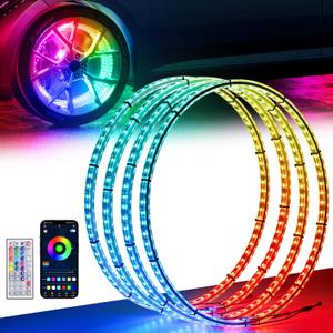 15.5" Double Row Wheel Lights, Brighter RGB Dream Chasing LED Rim Lights with App & Remote Control, Music Wheel Ring Light with Turn & Braking Signal Compatible with Various Trucks SUV Car4PCS