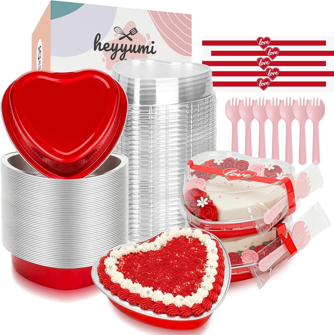 Aluminum Foil Mini Heart Cake Pan,HEYYUMI 25pcs 9oz Disposable Heart Shaped Cake Pans with Lids,Cupcake Liners Muffin Tins,Cupcake Baking Cups Ramekins Containers Red