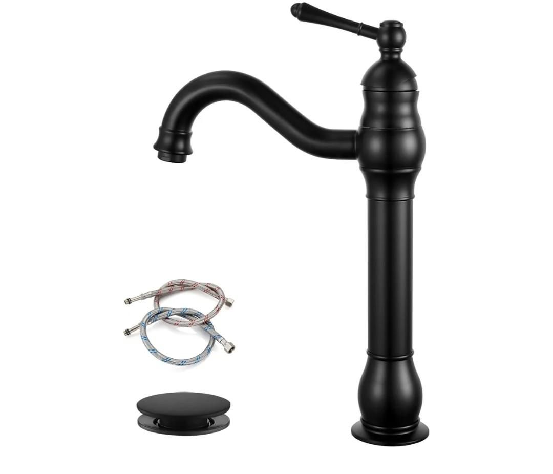 gotonovo Vessel Sink Faucet 360° Swivel Spout Single Handle Tall Bathroom Faucet 1 Hole Farmhouse Lavatory Washbasin Mixer Tap Matching Supply Hoses, with Pop Up Drain, Matte Black