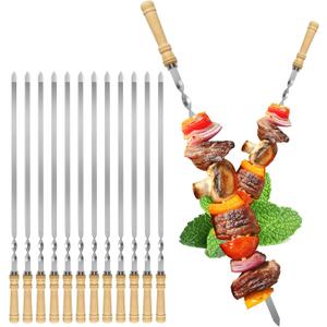 Kabob Skewers,23.6 inch Flat Skewers for Grilling with Wooden Handle,Reusable Stainless Steel Metal BBQ Barbecue Skewer,Shish kebab Stick Set for Meat Shrimp Chicken Vegetable-12PCS.