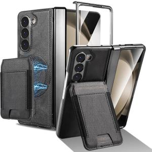 For Samsung Galaxy Z Fold 5 Case [Compatible with MagSafe] Built-in Screen Protector and Hinge Protection, Vintage Matte PU Leather with Magnetic Z Fold 5 Case Phone Cover Protective - Black