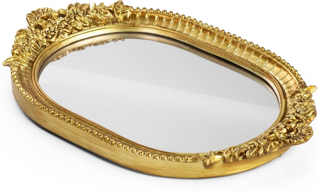 GUOER Vintage Antique Decorative Bathroom Vanity Tray Decor Mirror Tray for Dessert Table Coffee Table Vanity Home Decor Serving Tray with Handle Gold