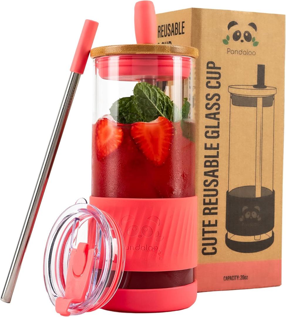 Pandaloo Glass Cups With Lids and Straws -20 Fl Oz- Perfect Size Iced Coffee Cup - Smoothie Cup With Bamboo Lid and On the go Lid - Glass Tumbler With Straw (1 Count (Pack of 1), Coral)