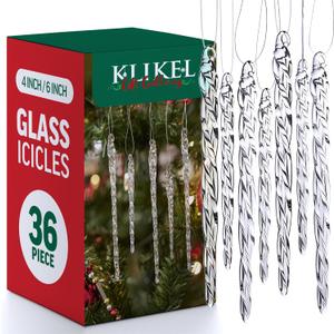 Klikel Glass Icicle Ornaments - Winter Decorations for Christmas Tree - Total 36 Hanging Ornaments - 18 4" and 18 6"
