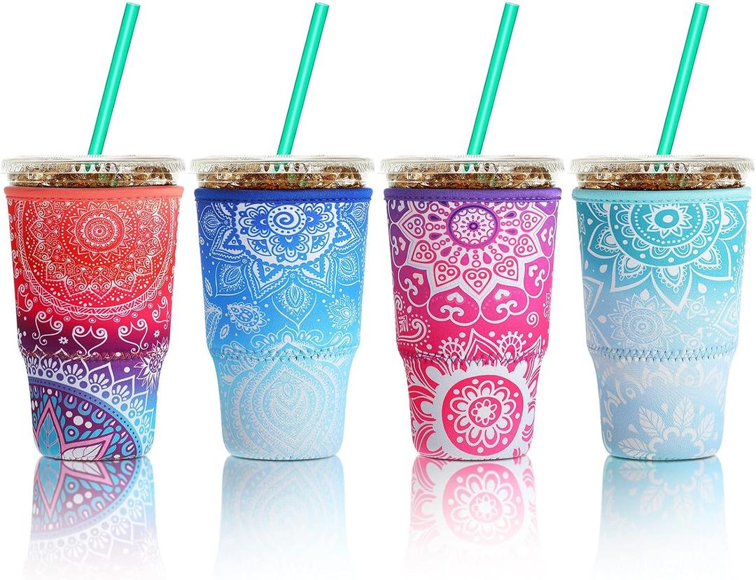 Patelai 4 Pieces Reusable Iced Coffee Sleeve Cup Insulator for Cold Drinks Beverages and Holder for Most Coffee(30-32 oz Large,Flower Style)