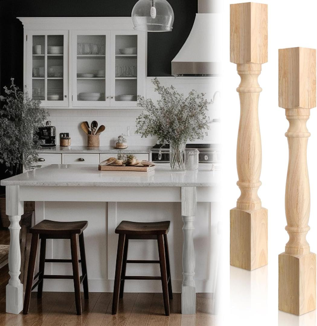 2 Pcs Unfinished Kitchen Island Legs Farmhouse Solid Wood Table Legs Rubberwood Replacement Raised Panel Cabinet Column (35.4" H X 3.7" W X 3.7" D, Elegant Style)