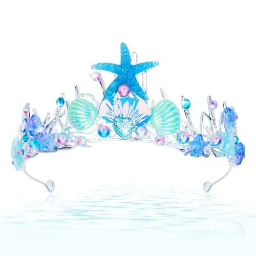 CIEHER Mermaid Crown for Women Girls Mermaid Princess Blue Starfish Tiara Seashell Crown Mermaid Party Mermaid Birthday Decorations, Mermaid Accessories Costumes for Women