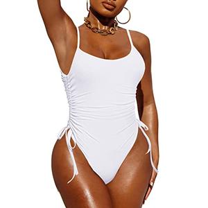 Pink Queen Womens Sexy One Piece Swimsuit High Leg Ruched Tummy Control Cheeky Bathing Suit Monokini White M