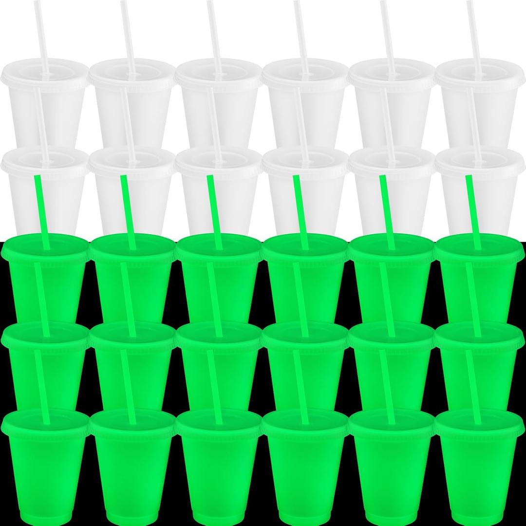 Honeydak 30 Pack 16 oz Glow in The Dark Cups Gift Bulk Light up Neon Plastic Tumbler with Straw and Lid Glow in The Dark Party Supplies Water Bottle Iced Coffee Mug Reusable (Green)
