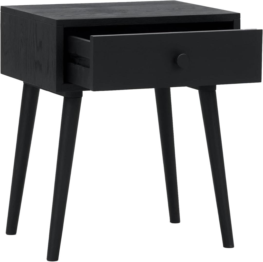 NTC Solid Oak Lux Nightstand with Drawer, Mid Century Modern Side Table Bedroom, Bedside Furniture, Night Stand, End Table, Easy Assembly - Burnt Black
