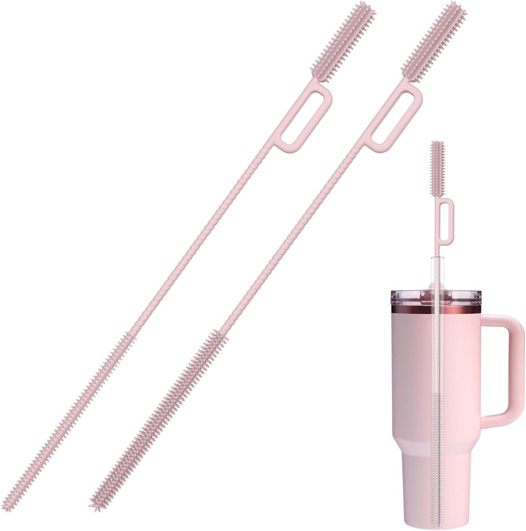 2 x vodvob 2Pcs Premium Silicone Straw Cleaner Brush, 9.84in Extra Long Flexible Straw Cleaning Tool for Glass & Smoothie Straws (Pink, 6mm/9mm) (Double-ended - Light Pink)