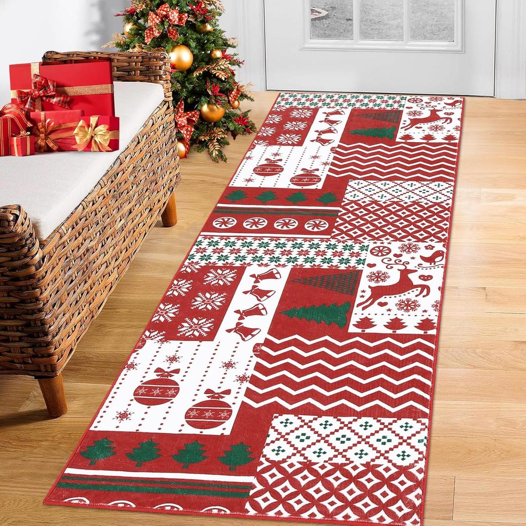 RUGSREAL Christmas Runner Rug 2x10 Feet Christmas Patchwork Hallway Area Rug Xmas Holiday Decorative Bedroom Throw Rug Runner Machine Washable Floor Carpet for Kitchen Laundry Living Bathroom