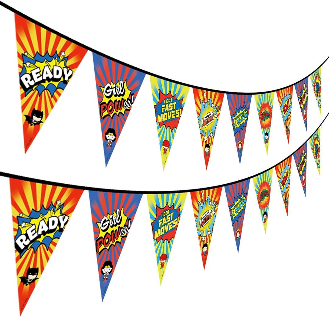 Hero Party Banners Decoration 2pcs/set, Superhero Happy Birthday Banner for Home Living Room Window Wall Decorations, Ceiling Hanging Pennant Flags Garland Decor for Kids Boys Girls(Cartoon Hero)