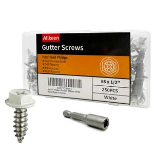 White Painted Self Tapping Gutter Screws #8 x 1/2" Hex Head Downspout Sheet Metal Screws, 250 Pieces
