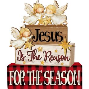 4 Pcs Christmas Decorations Indoor - Wooden Angel Table Decoration for Home - Christmas Centerpiece For Table - Winter Tiered Tray Decor Rustic Farmhouse Xmas Gift for Home Kitchen Mantel