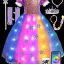 Princess Costume for Girls, RGB Light Up Princess Dress Up Syncs Music App Control with Accessories  (5-6 Years, Rgb+Pink Purple)
