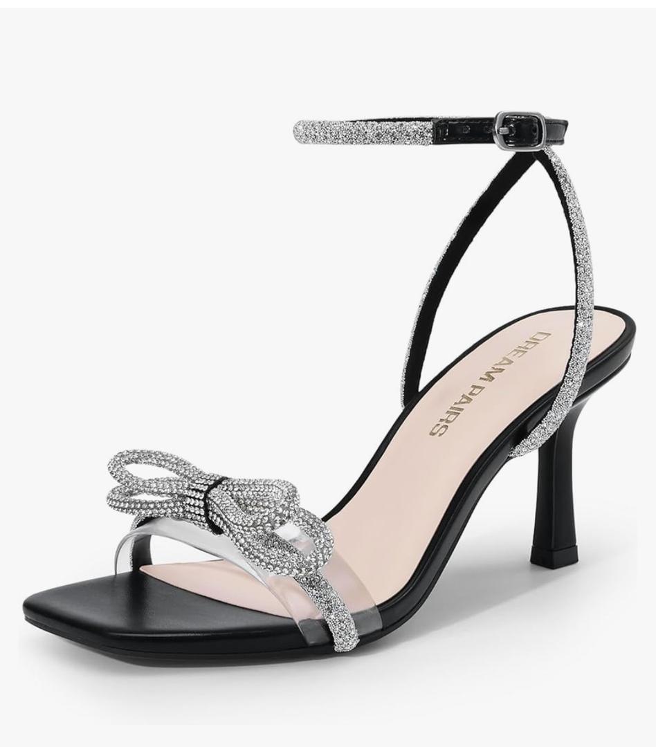DREAM PAIRS Women's Double Bowknots Heels Open Square Toe Ankle Strap Crystal Rhinestone Dress Sandals for Party Wedding, Size 8