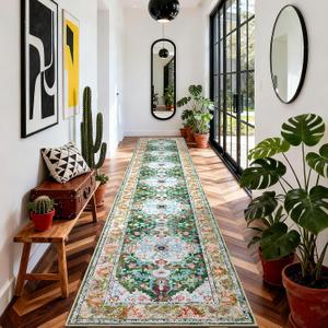 U'Artlines 3' x 18' Boho Hallway Runner Rug, Non Slip Washable Vintage Farmhouse Kitchen Rug Accent Area Carpet for Entryway Laundry and Living Room (Green)