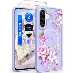 for Samsung Galaxy A36 5G Floral Phone Case with 2X Screen Protector, Military Grade Magnetic Translucent Matte Girls Women Flower Pattern Protective Cover for A36 5G (Light Purple)