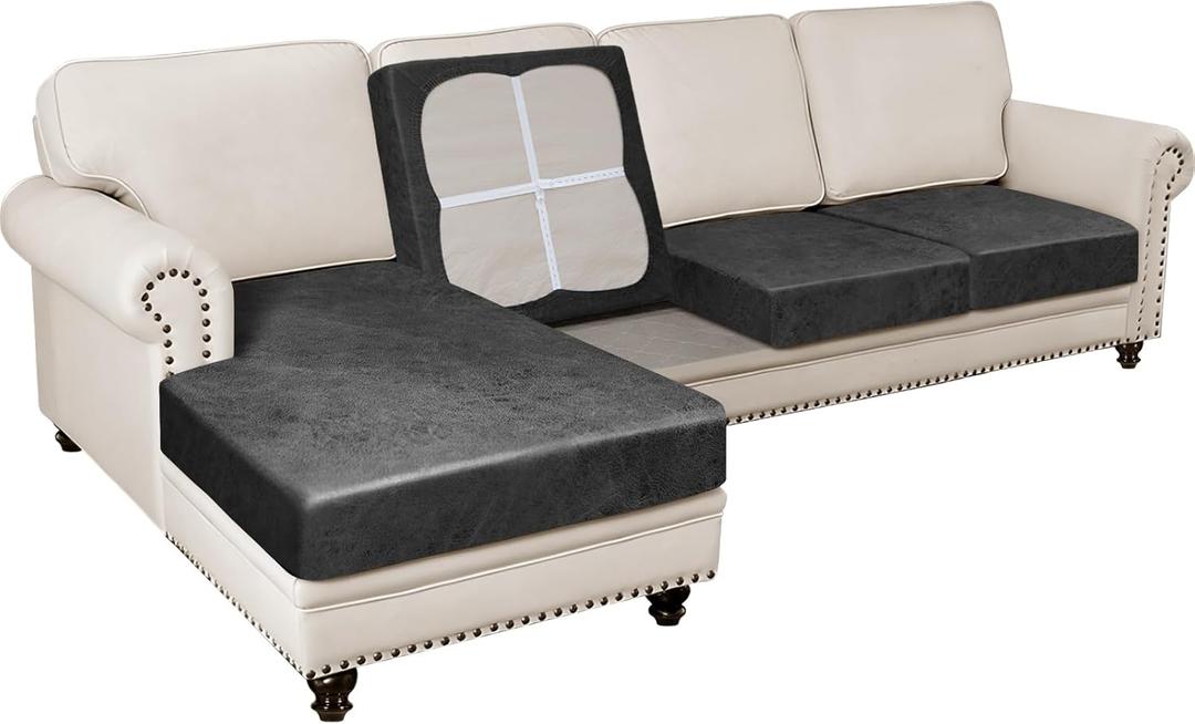 4PCS Couch Cushion Covers for Sectional Sofa Leather Look L Shape Couch Both Left/Right Chaise Lounge Separate Cushion Sofa Seat Slipcovers (3 Seater + 1 Chaise, Dark Grey)
