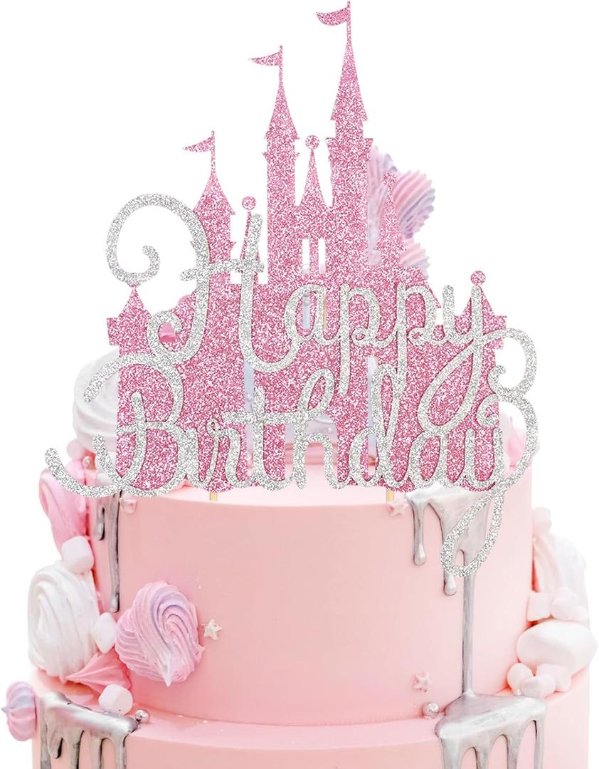 2Pcs Pink Princess Cake Toppers Silver Happy Birthday Cake Decorations Glitter Castle Picks for Girls Princess Birthday New Year Valentine's Day Party Supplies