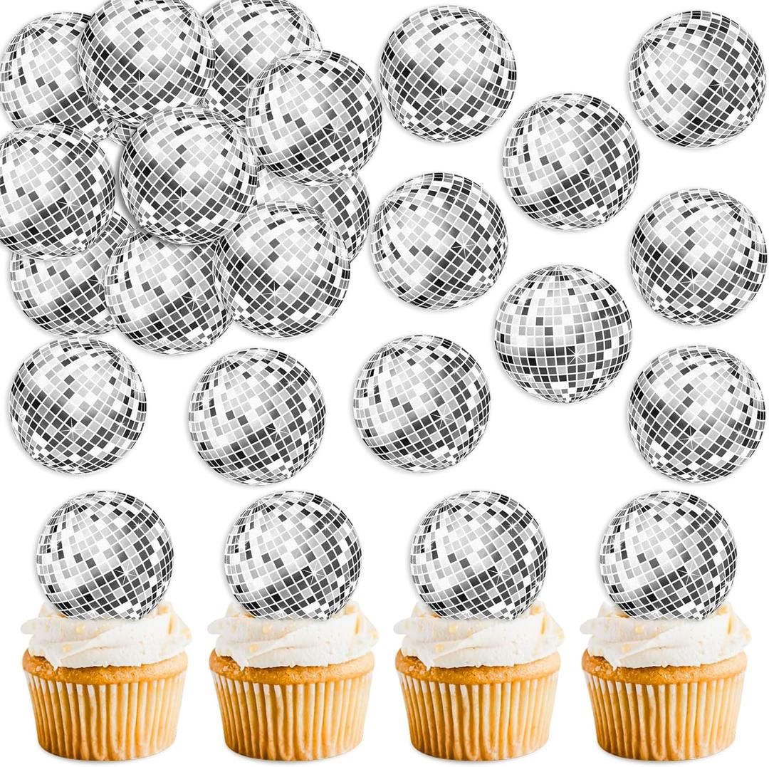 40Pcs Edible Sparkling Disco Ball Cowboy Hat Cupcake Topper Western Disco Ball Paper Cupcake Topper Selection Birthday Disco 2000s Theme Party