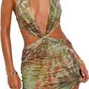 WDIRARA Women's Tropical Cut Out Halter Dress Deep V Neck Backless Bodycon Mini Dresses (Medium, Green)