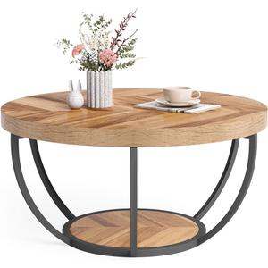 LITTLE TREE Round Coffee Table, 32" Circle Coffee Table for Living Room, 2-Tier Wood Accent Center Table with Open Storage Industrial Design Home Furniture (Wood Grain and Black), 1 Pc