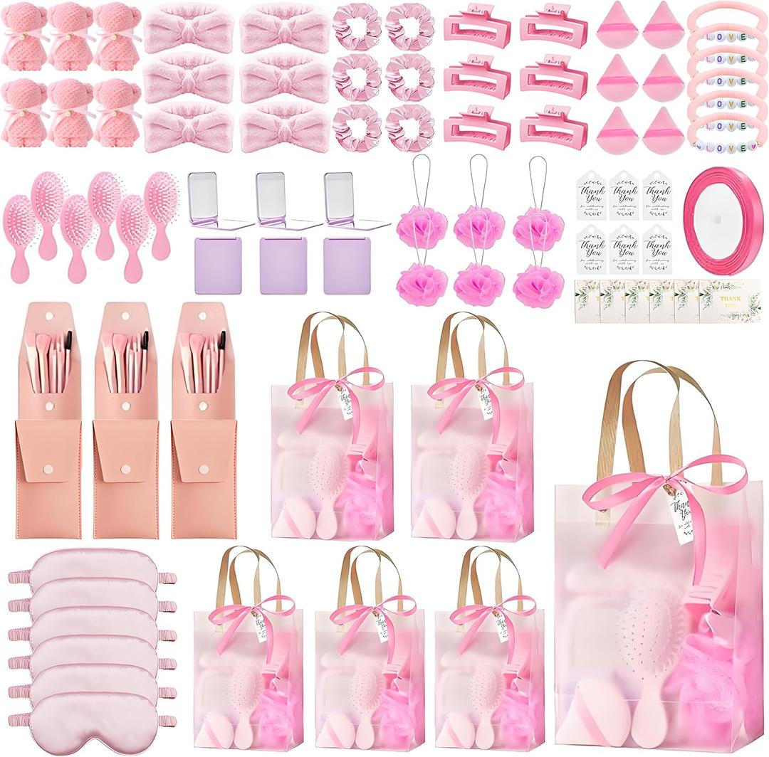 121 PCS Baby Shower Prizes for Winners Gifts Baby Shower Favors including Headband Hair Brush Compact Mirror Bath Sponges Powder Puff Hair Tie Claw Makeup Brushes Gift Bag Bridal Shower (Pink)