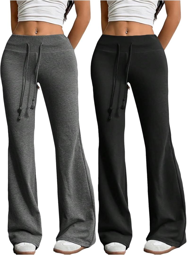 RoseSeek Women's 2 Packs Flare Leggings Drawstring Bell Bottom Sweatpants Elastic Waist Yoga Pants (Black and Grey), M