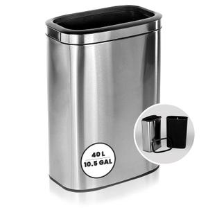 Alpine Stainless Steel Open Top Trash Can 10.5 Gallon - 40L Garbage Can for Kitchen, Bathroom, Office & More with Removable Bin, Brushed Nickel Finish, Space-Saving Slim Modern Design