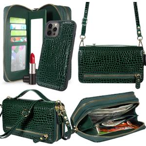 Harryshell Compatible with iPhone 12 Pro Max 6.7 inch Case Wallet Multi Zipper Detachable Magnetic Cover Clutch Purse with Card Slots Mirror Crossbody Chain Wrist Strap (Crocodile Teal)