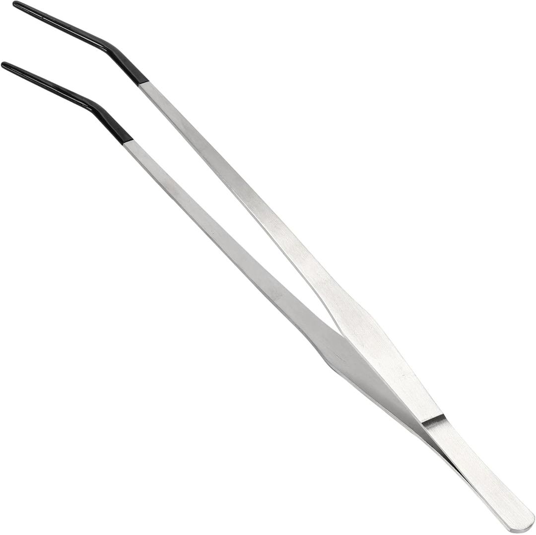 Reptile Feeding Tongs, Stainless Steel Lizard Feeding Tongs, Aquarium Curved Feeding Tweezers for Reptiles with Rubber Tip, Terrarium Feeding Tongs 14.96" L, Black Silver Tone