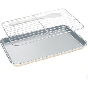 7PCS Ceramic-Coated Baking Sheet Set - 10x15in Jelly Roll Pan Non-Stick Cookie Sheet with Wire Rack, Silicone Spatula & 4 Cookie Cutters, PFAS Free, Oven Safe (550F), Sunshine Cream
