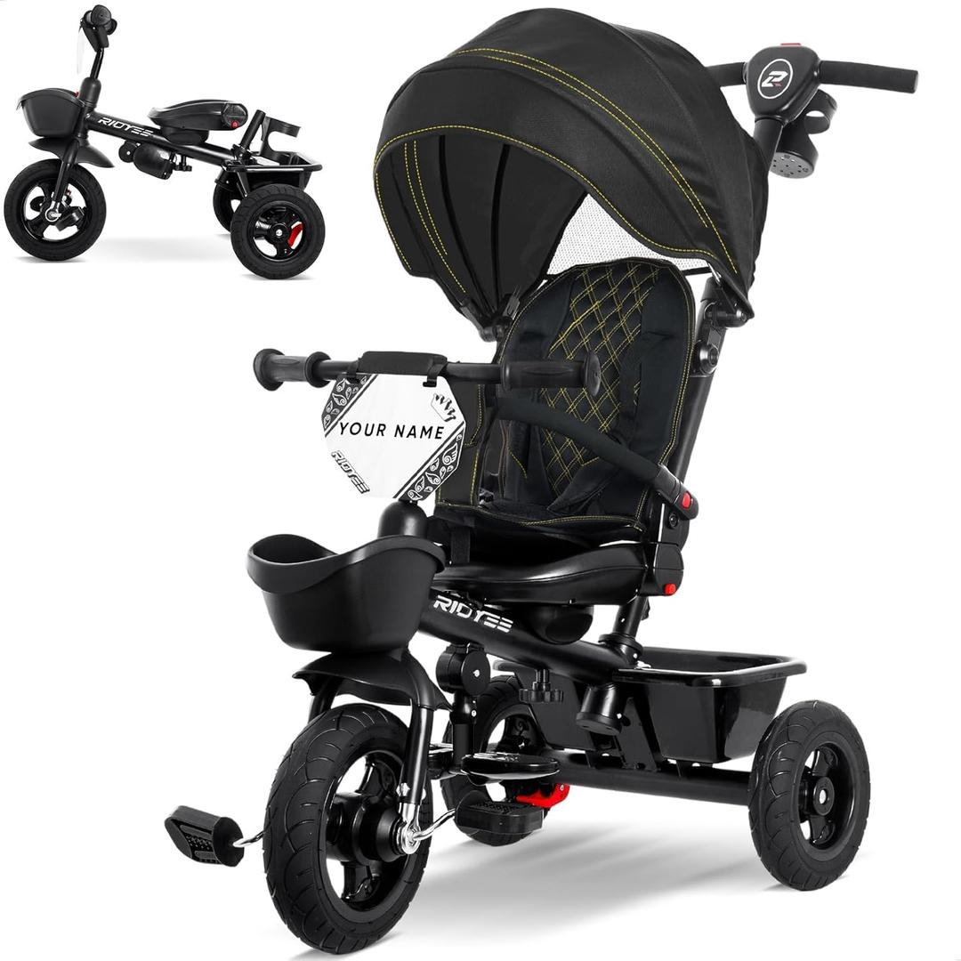 7-in-1 Tricycle for 18 Months to 5 Years, All-Terrain Rubber Tires, Dual Wheel Brakes, Rotatable Seat for Toddlers 1.5-3, Tricycle for 3-5 Years with DIY Stickers, Black