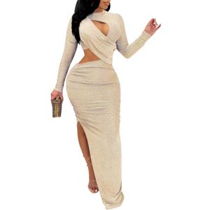 Famnbro Women's Sparkly Cut Out Dresses Wrap Ruched Bodycon High Split Cocktail Party Maxi Dress (Small, Apricot)