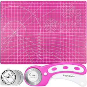 Rotary Cutter and Mat Set, Audab Self Healing Sewing Mats Shirt Cutter 45mm Fabric Cutter Wheel with 2 Blades Rotary Cutting Mat for Crafts Fabric Quilting Hobby (9" x 12" (A4) (Pink)