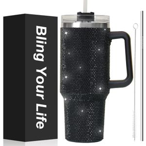 40oz Rhinestone Bling Tumbler with Handle and 2 Straw,Glitter Travel Mug with Lid,Rhinestone Water Bottle,Diamond Vacuum Insulated Stainless Steel Cup for Girls Women