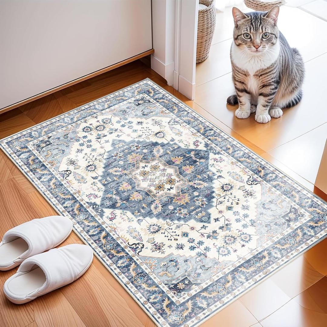 Enkor Area Soft Rugs 2x3 Washable Non Slip Boho Small Floor Entryway Rugs for Living Room Bedroom, Vintage Style Farmhouse Mat for Kitchen Blue & White