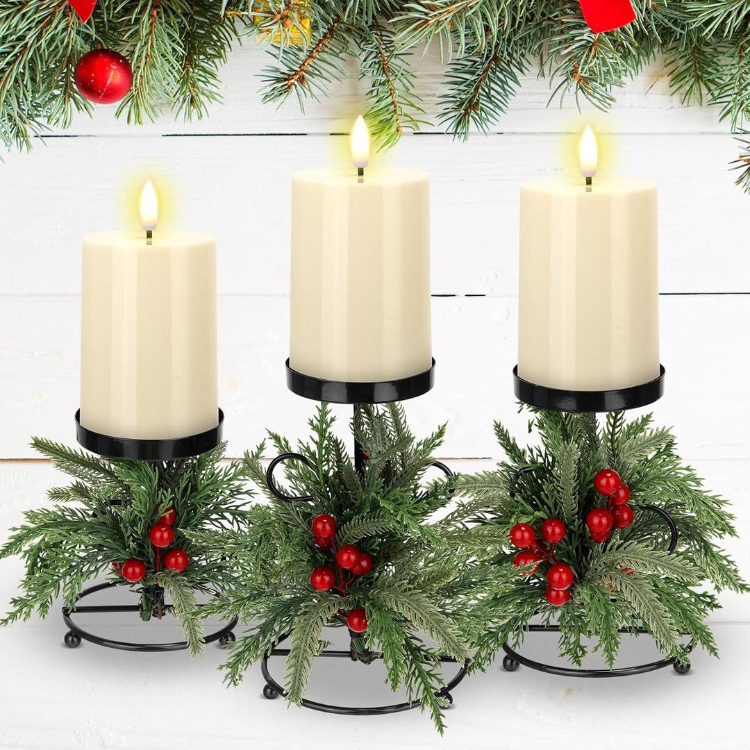 Yunlly Set of 3 Christmas Candle Holder Centerpiece with 3 Candle LED Battery Operated Norfolk Pine Needle Artificial Xmas Table Decorations Base Candelabrum for Dining Room Mantle Kitchen Indoor Home