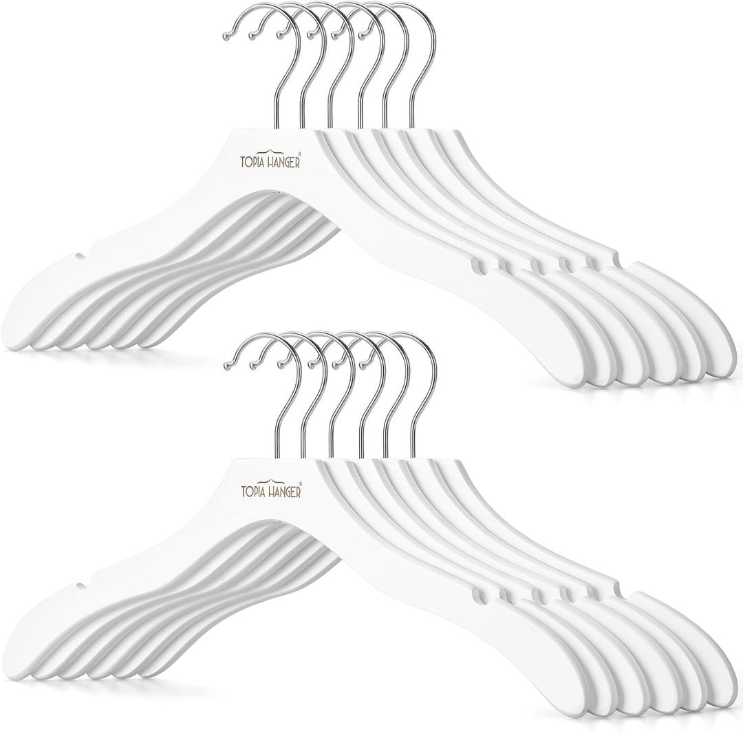 TOPIA HANGER Wooden Hangers for Women, Premium Sweater Hangers No Shoulder Bump, 360 Swivel Hook and Cut Notches Clothes Hangers for Sweater, Coat, Shirts, Hoodies, Dress, 12 Pack White CT84W