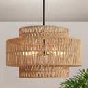 19" Boho Rattan Chandelier for Dining Room Light Fixture, 5-Light Hand Woven Wicker Pendant Light Fixture, Farmhouse Rustic Hanging Black Chandelier for Dining Room, Kitchen Island, Living, Bedroom