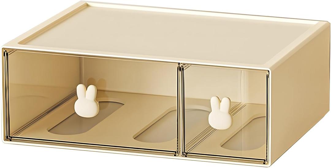 Desktop Storage Drawers, Plastic Desk Organizer with 2 Drawers, Modular Stackable Toolbox Units for Office Stationary, Makeup Container, Bathroom Countertop (1 Tall Layer, Cream & Clear)