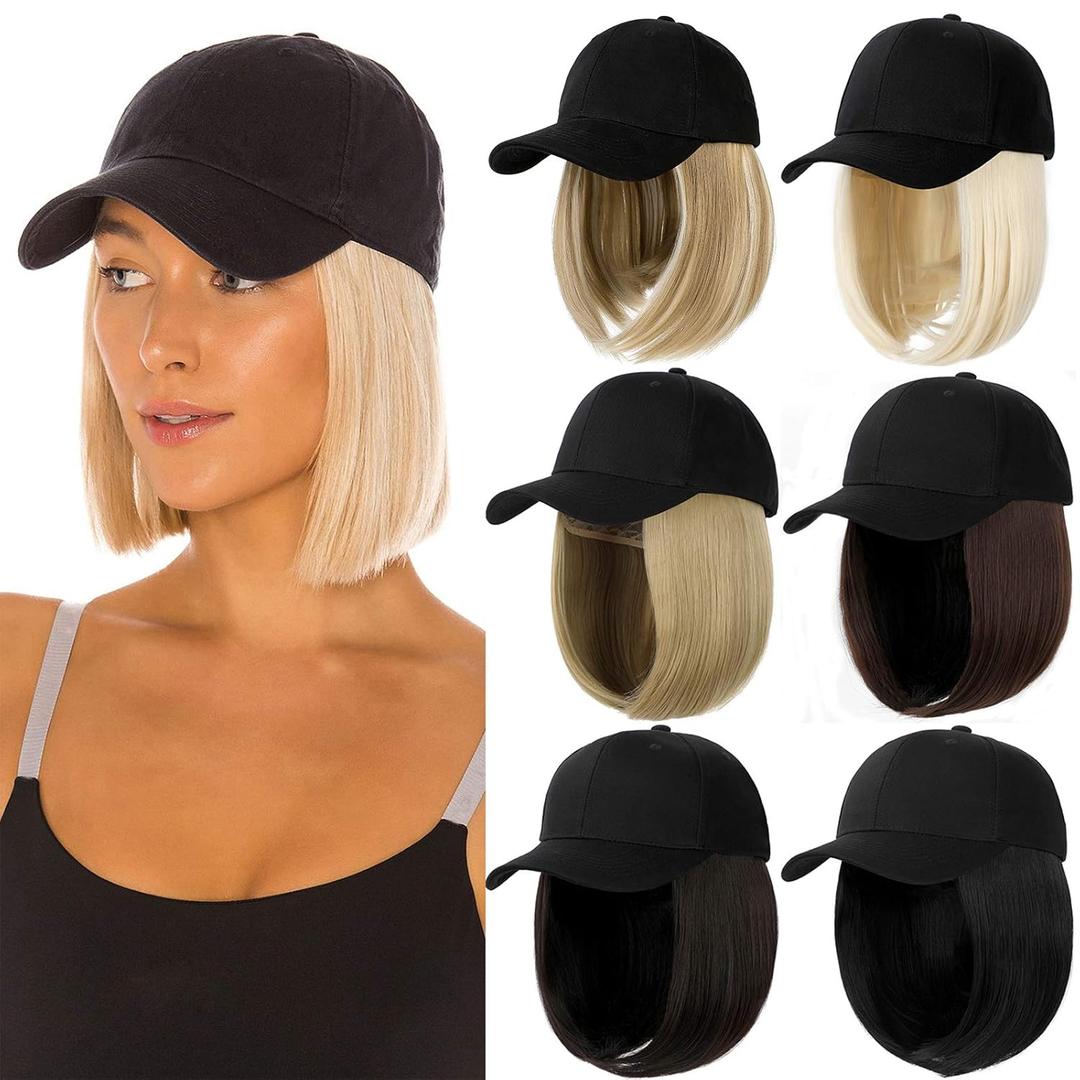 Qlenkay Baseball Cap with Hair Extensions Straight Short Bob Hairstyle Adjustable Removable Wig Hat 14inch for Woman Girl Bleach Blonde