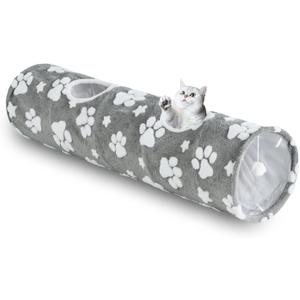 Straight Cat Tunnel for Indoor Cats 47"x12", Cute Cat Toys Collapsible Tunnel Tube with Balls for Puppy Kitten Rabbit, Grey Paw