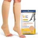 Lemon Hero Medical Zippered Compression Socks - Open Toe 20-30 mmHg Varicose Veins Stockings with Zip Guard for Skin Protection, Lightweight Diabetic Compression Socks with Zipper - Large, Beige