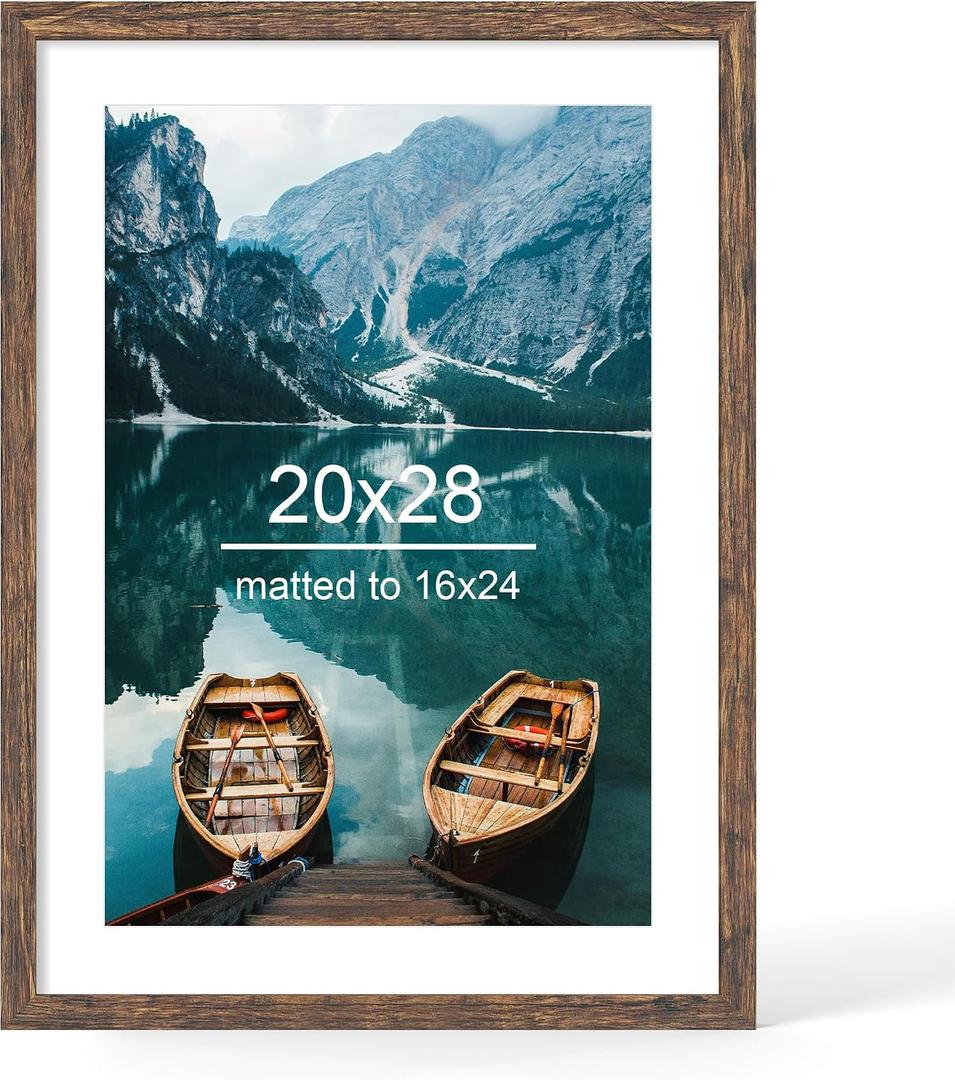 Hongkee 20x28 Picture Frame, Rustic Brown Wood Style - Display Posters 16 x 24 with Mat or 20x28 without Mat, Wall Mounting Horizontal and Vertical, 1 Pack